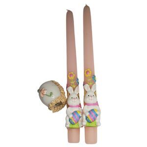 Vintage Easter Bunny Taper Candles 2 Pink & White Sugar Panorama Egg With Chick